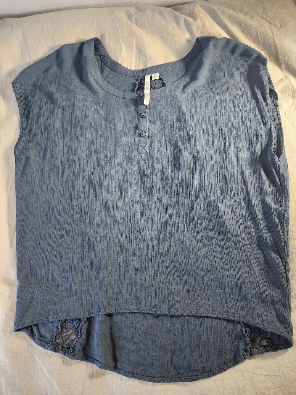 LC Lauren Conrad Blue Cap-Sleeve Henley Top with Lace Inset